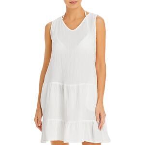 J Valdi White Cotton Gauze Tiered Swimsuit Beach Coverup Tunic Mini Dress Size L